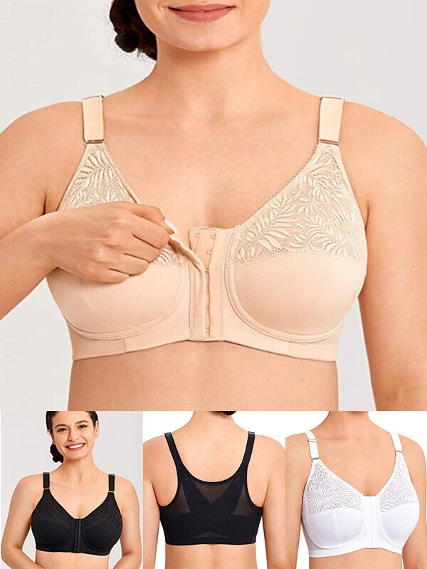 LAUDINE Women's Front Closure Lace Wireless Back Support Posture Bra Plus Size 세이브돈(savdon)