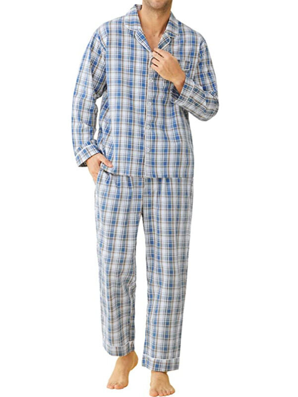 [세트]Latuza Men's Lightweight Cotton Pajamas Long Sleeves Shirt Pants