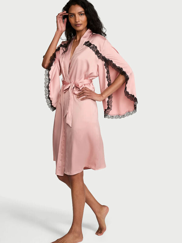 Victorias Secret Satin Rose Lace-Trim Midi Robe